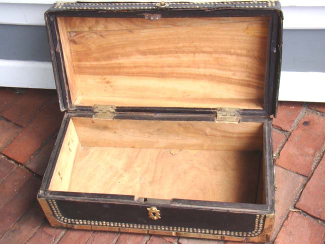 A diminutive China Trade black leather covered and brass studded chest circa 1840 — image 2